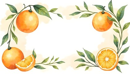 Obraz premium Beautiful set with watercolor fresh oranges with leaves in sunny Mediterranean style. 