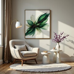 Elegant modern living room with botanical art and cozy decor for relaxation and inspiration