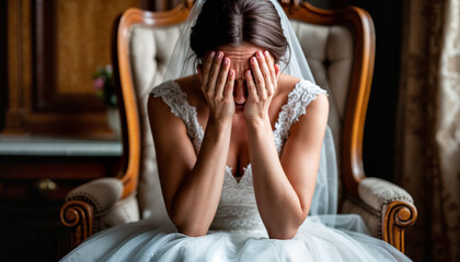 A young Caucasian woman in a white wedding dress sits on a vintage chair, covering her face with her hands. She appears distressed in an elegant indoor setting.