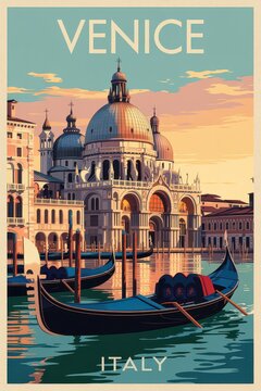 Vintage Travel Poster of Venice Grand Canal and Gondolas at Sunset, Italy