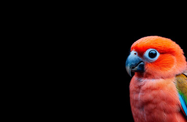 A close-up of a vibrant orange and blue parrot against a black background. The parrot has a round head, bright orange feathers, and striking blue accents.