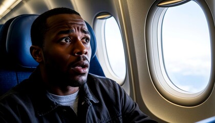 A young African man with short hair looks surprised while sitting by an airplane window. The sky is visible outside, indicating flight.