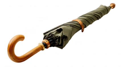 A closed green umbrella with wooden handle isolated on transparent background