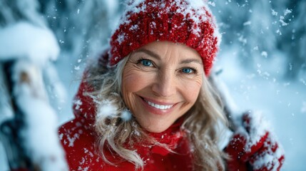 A cheerful woman dressed warmly smiles at the camera amidst falling snowflakes in a beautiful winter landscape, showcasing the joy of snowy adventures and outdoor activities.