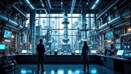 Futuristic industrial control room interior with professionals in advanced technology monitoring
