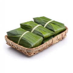 Obraz premium Traditional Asian Sticky Rice Packages Wrapped in Green Leaves Presented in a Bamboo Basket for Cultural Feast and Culinary Experience