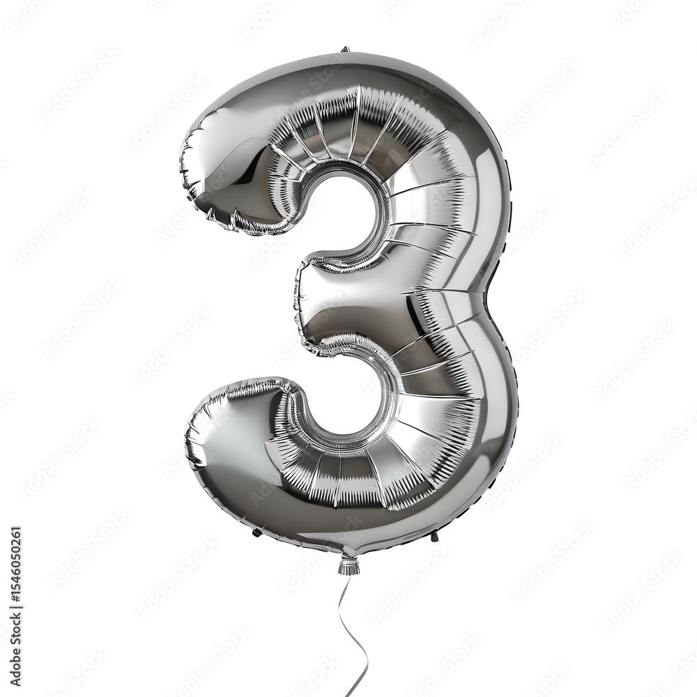 Fototapete a balloon shaped like the number 3 ,silver metallic finish with realistic reflections and smooth tex