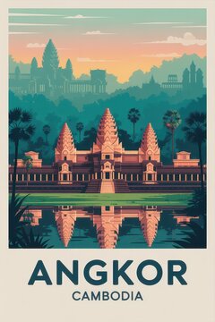 Vintage Travel Poster of Angkor Wat Temple at Sunset, Cambodia