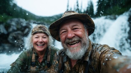 A joyful elderly couple splashes in a natural pool near a stunning waterfall, embracing the beauty of nature and feeling carefree, exemplifying a zest for life and adventure together.