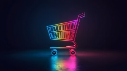 Colorful Neon Shopping Cart Icon on Black Background with Rainbow Light Bars perfect for e-commerce branding, digital retail platforms, tech shopping ads and UI design references