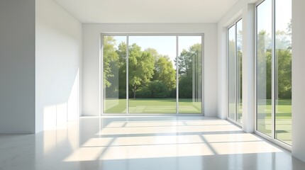 Bright Minimalist Room with Large Windows Overlooking Lush Green Garden, Modern Architecture, Natural Light, and Peaceful Serenity