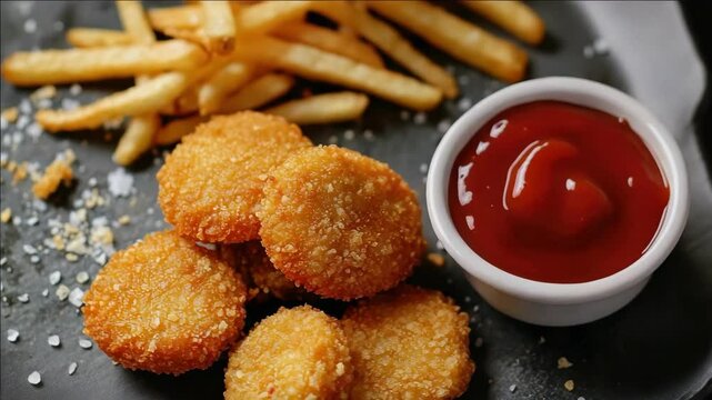 A plate of fried chicken and french fries with a red ketchup bottle. The plate of food is on a black surface
