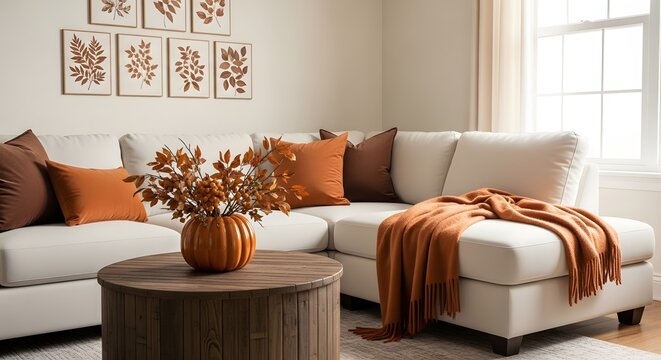 Living room with white sectional couch and orange accents in a cozy autumn themed interior design