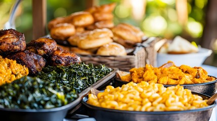 Southern Soul Food Buffet with Mac and Cheese, Ribs, Greens and Biscuits perfect for restaurant menu designs, culinary travel blogs, food culture documentaries and comfort food promotions