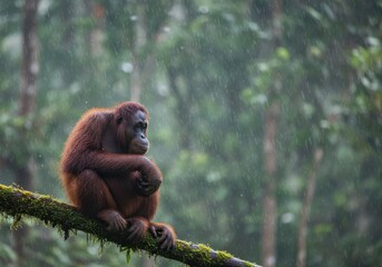 Obraz premium Orangutan rainforest portrait pensive ape sitting on branch