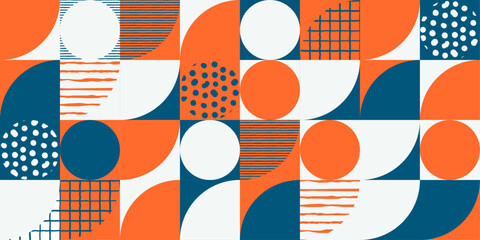 Modern geometric pattern, abstract shapes and textures in orange, blue and white
