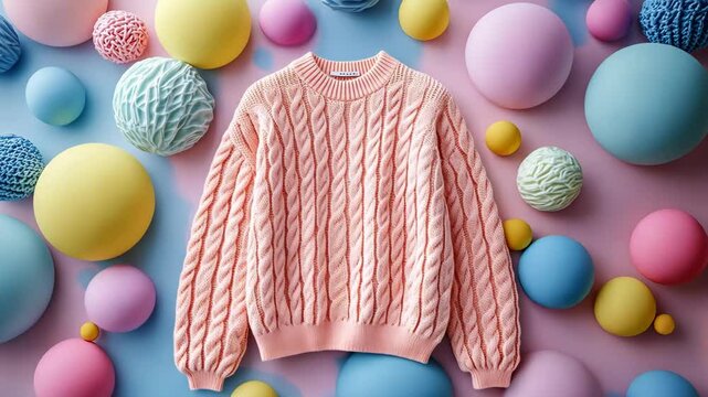 Pastel pink cable knit sweater on colorful background