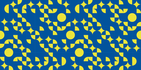 Geometric pattern with quarter circles and stars on blue background