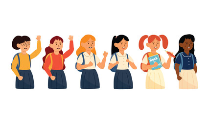 Fototapeta premium A group of six girls in uniform happily waving and holding school items