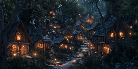 Fototapeta premium Enchanted Winter Village A Nighttime Scene