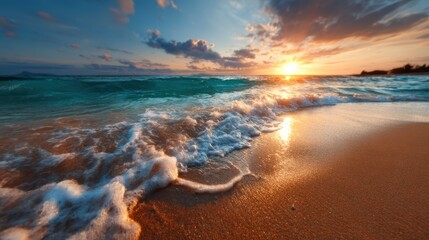 A beautiful view of gentle waves crashing onto a sandy beach at sunset, creating a tranquil atmosphere that embodies relaxation and natural beauty.