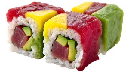 Delicious tri color sushi rolls with tuna avocado and mango isolated on transparent background