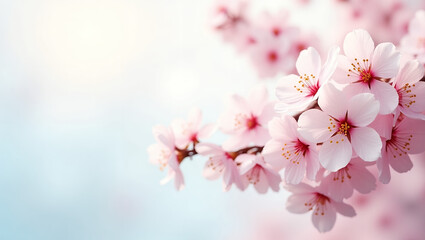 Obraz premium Beautiful Cherry Blossom Branch with Pink Flowers - Delicate Spring Blooms Against a Soft Blue Sky