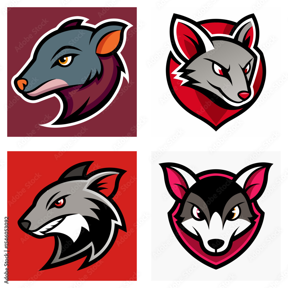 Poster four stylized animal head logos in square frames with different color schemes and design variations