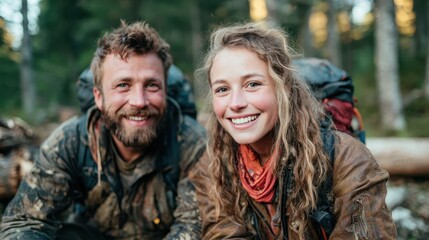 Fototapeta premium A joyful couple poses amidst stunning greenery, showcasing outdoor adventure and love for nature, bringing a sense of joy and companionship to the wilderness experience.