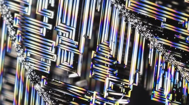 Ultra-macro view of microscopic crystal growth on black glass, where refracted light creates vivid color gradients. Sharp focus reveals intricate crystalline structures against a deep, minimalist back