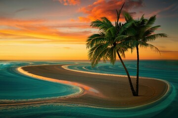 A photograph of an abstract seascape featuring a solitary palm tree silhouetted against a vibrant tropical beach background