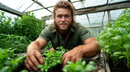 A dedicated young man amid lush green basil herbs in a greenhouse, showcasing commitment to sustainable agriculture and the rewarding connection between humans and plants.