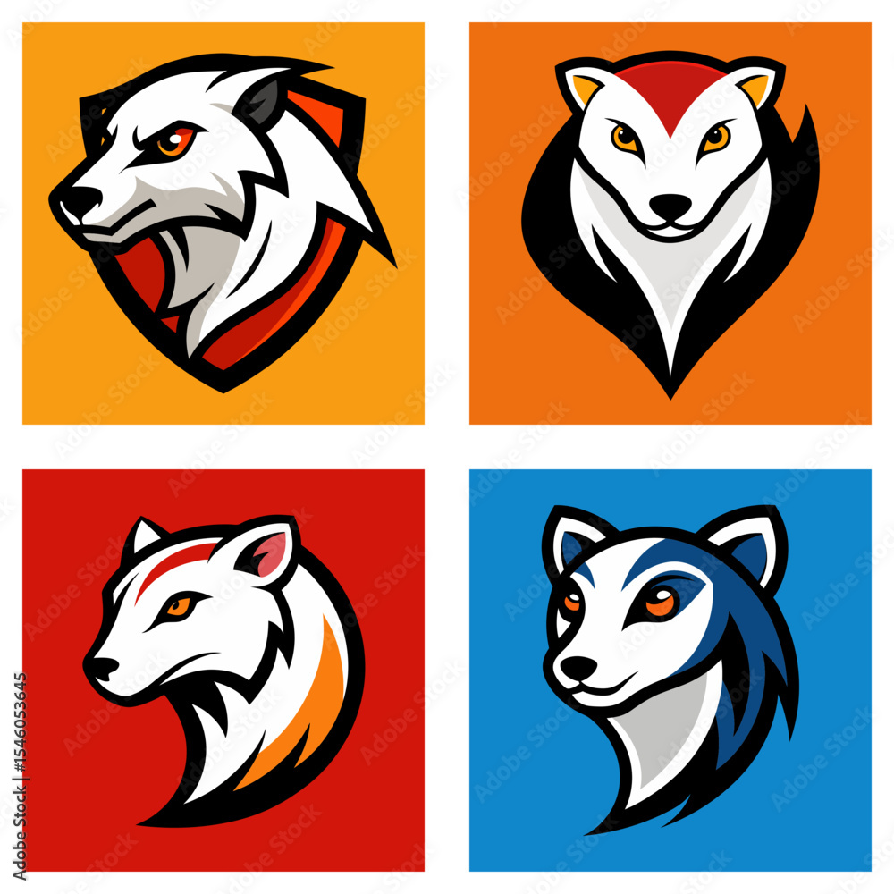Poster four square images of stylized canine heads with different color schemes and backgrounds are shown