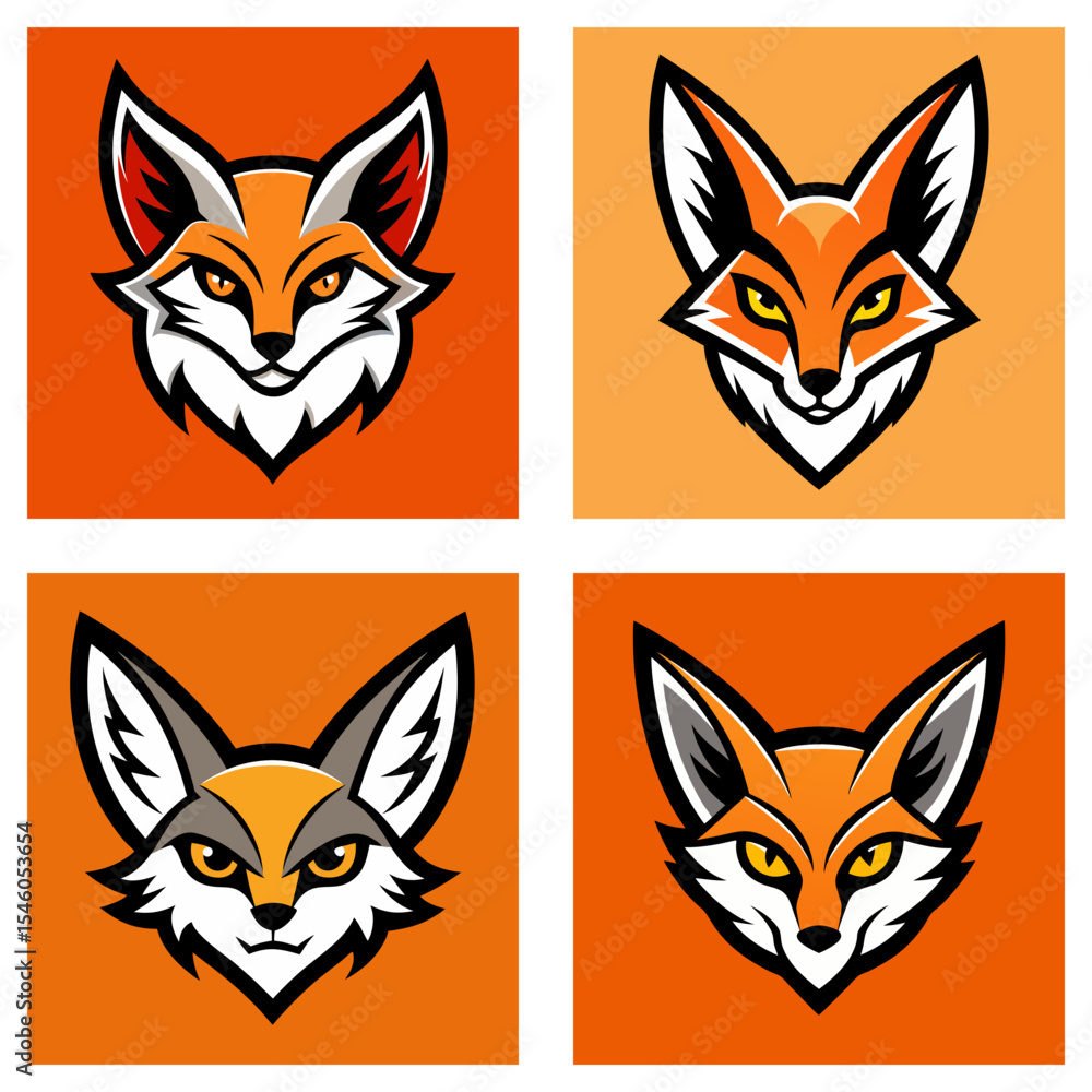 Poster four square images displaying stylized fox heads with orange backgrounds and sharp features design