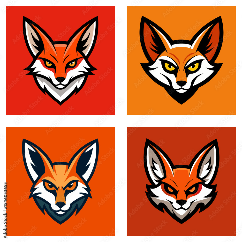 Poster four square images showing fox head logos with different backgrounds and color variations art