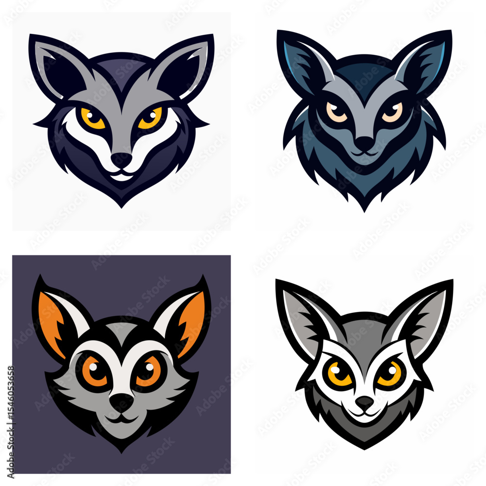Aufkleber four stylized animal heads with pointed ears and distinct color palettes in a square layout design