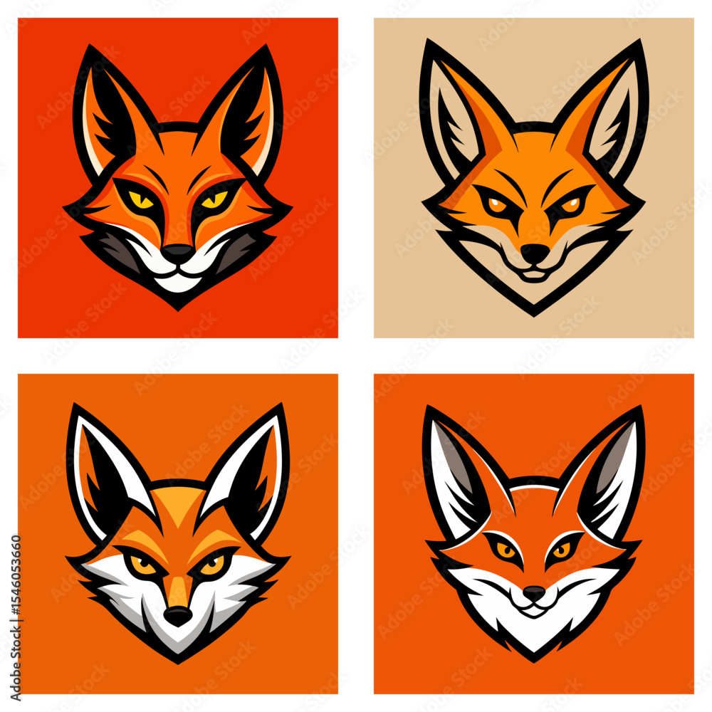 Poster four fox head illustrations in different styles and color schemes arranged in a square grid pattern