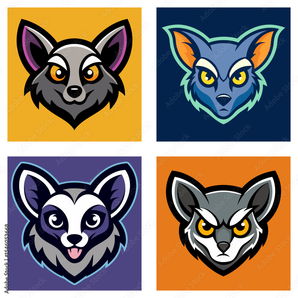 Poster four cartoon raccoon heads with different expressions and color schemes in square format layout