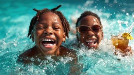 Two cheerful children are splashing in a sparkling swimming pool, exuding pure joy and carefree fun that encapsulates the essence of childhood summer experiences.