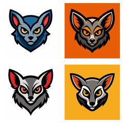 Four stylized animal heads with varying color schemes and background colors presented together