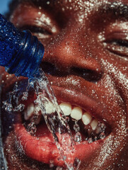 Obraz premium Refreshing Burst: Hydration in Action A Close Up of a Man Face as Cool Water Splashes Over Him from a Vibrant Blue Bottle, Capturing the Essence of Thirst Quenching and Revitalization