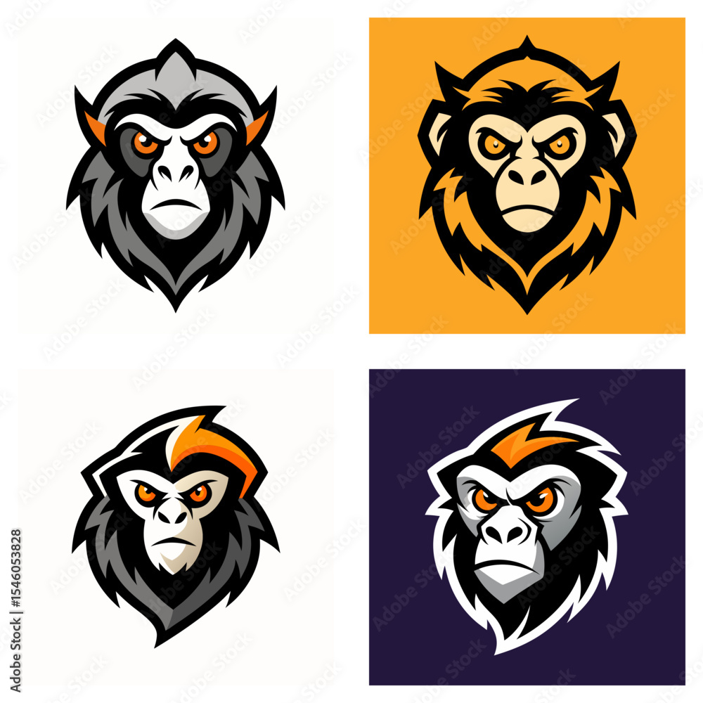 Poster four monkey head logos with different color schemes and backgrounds in a square format design layout