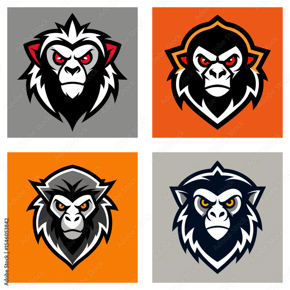 Poster four stylized gorilla head logos with different color schemes and angry expressions displayed in a g