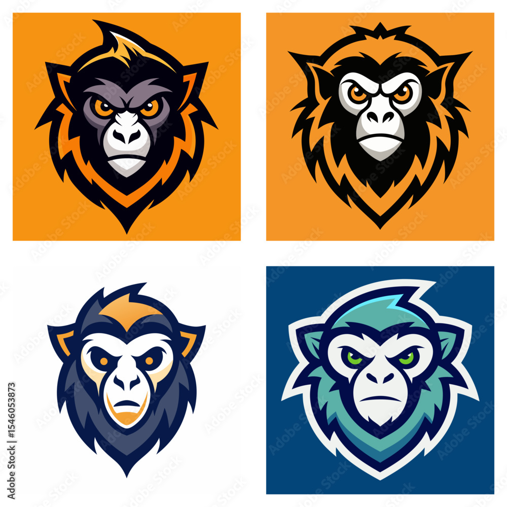 Poster four cartoonish monkey head logos with angry expressions in different color schemes and backgrounds