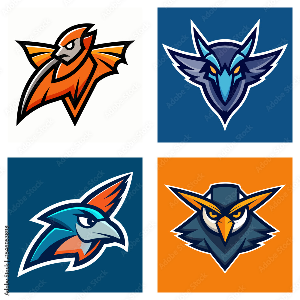 Poster compilation of four bird mascot logos with distinct color schemes and fierce expressions shown in sq