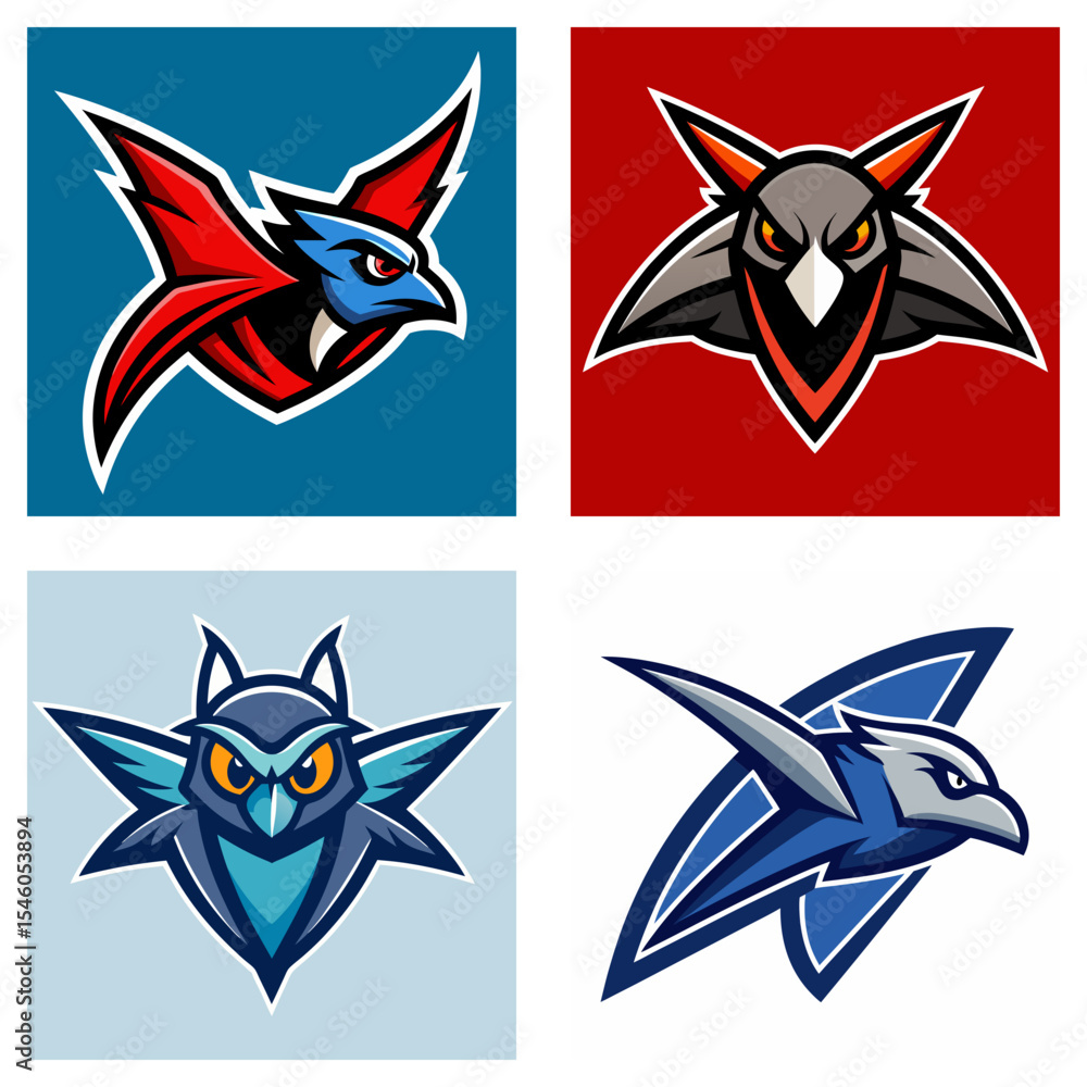 Poster collection of four stylized bird logos with different colors and unique design elements present
