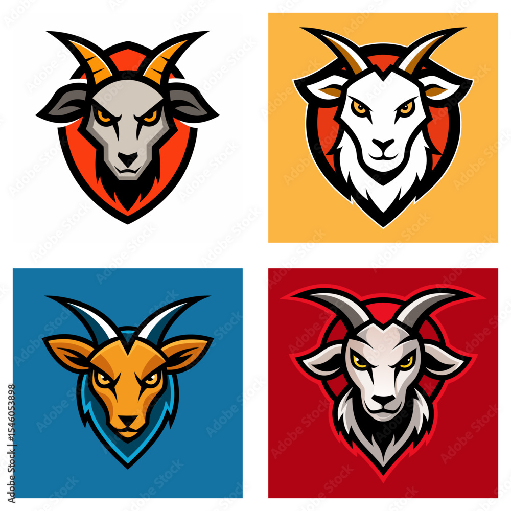 Poster four goat head logos in different color schemes with shield backgrounds on a white backdrop image
