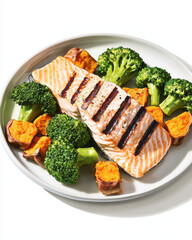 delicious plate of grilled salmon served with vibrant broccoli and sweet potatoes, showcasing healthy meal option