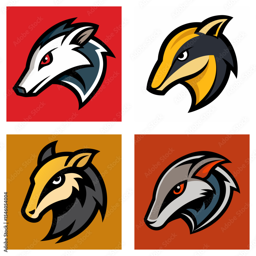 Poster collection of four badger head illustrations in varying color schemes and background colors displaye