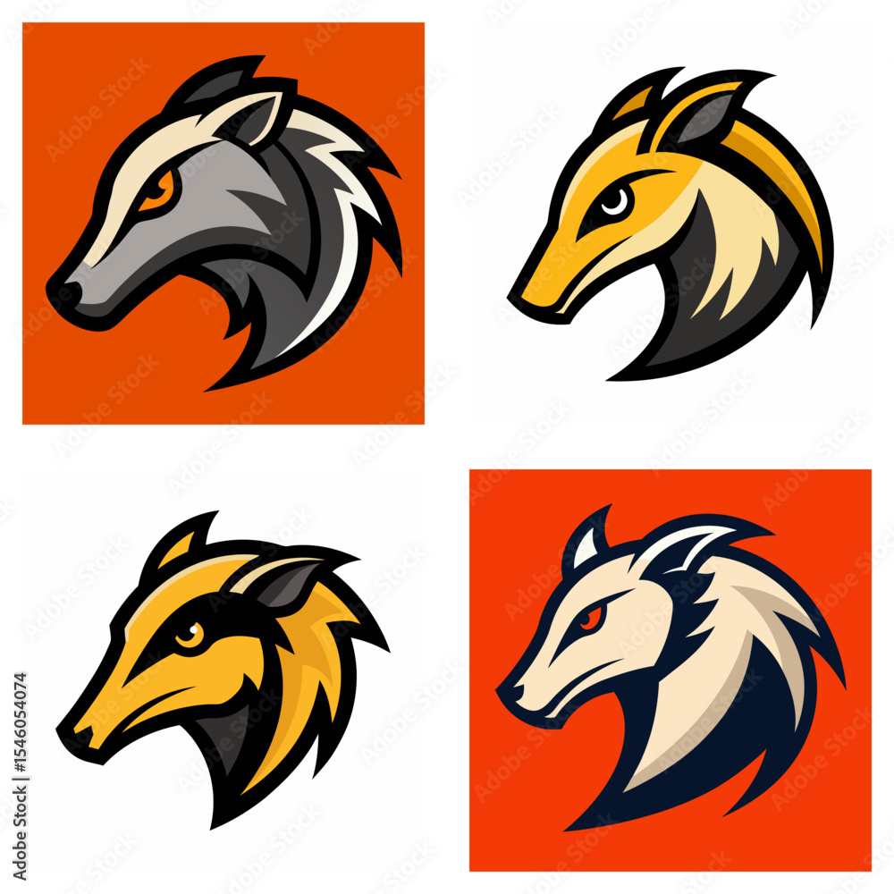 Poster four stylized badger head illustrations in varying color schemes and background squares